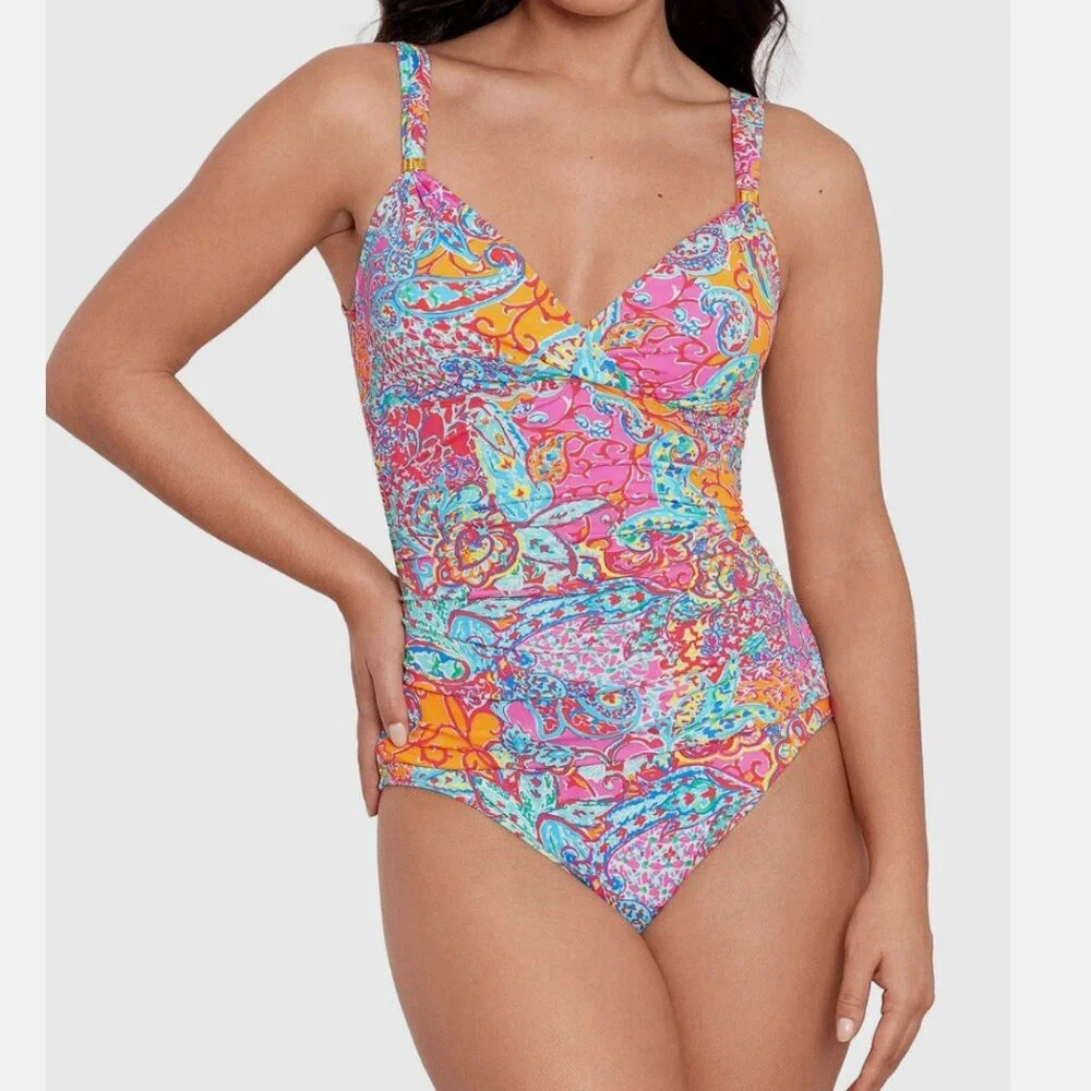 LAUREN RALPH LAUREN Amara Patchwork Surplice One-Piece Swimsuit Size 16